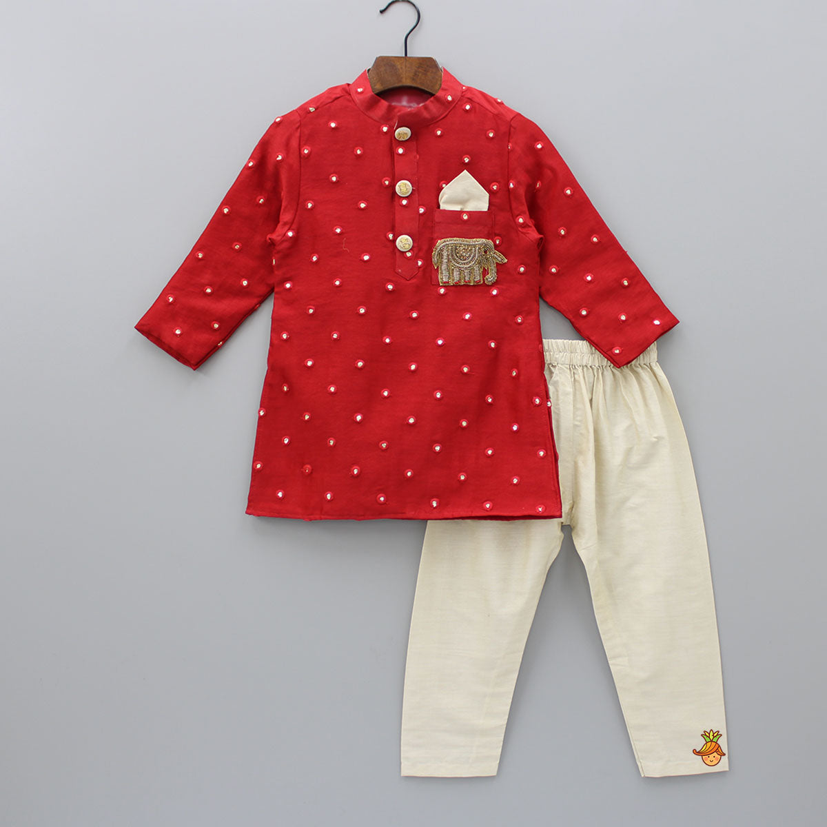 Pre Order: Red Aabhla And Thread Work Kurta With Pyjama