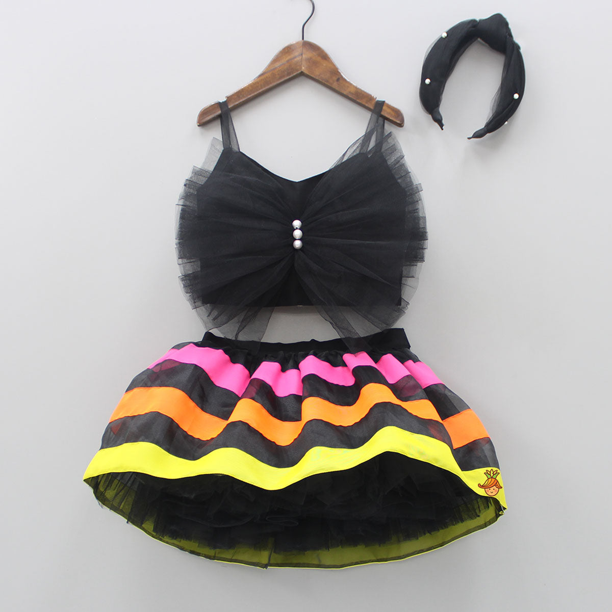 Pre Order: Black Frilly Bow Top And Multi Colour Lace Applique Skirt With Matching Pearl Work Hair Band