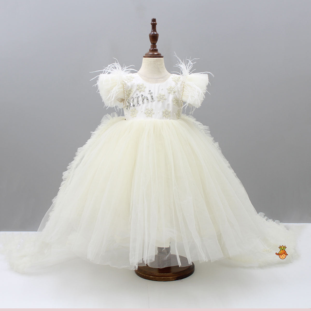 Name Customized Elegant Frilly Sleeves and Pearl Embellished Gown With Detachable Trail