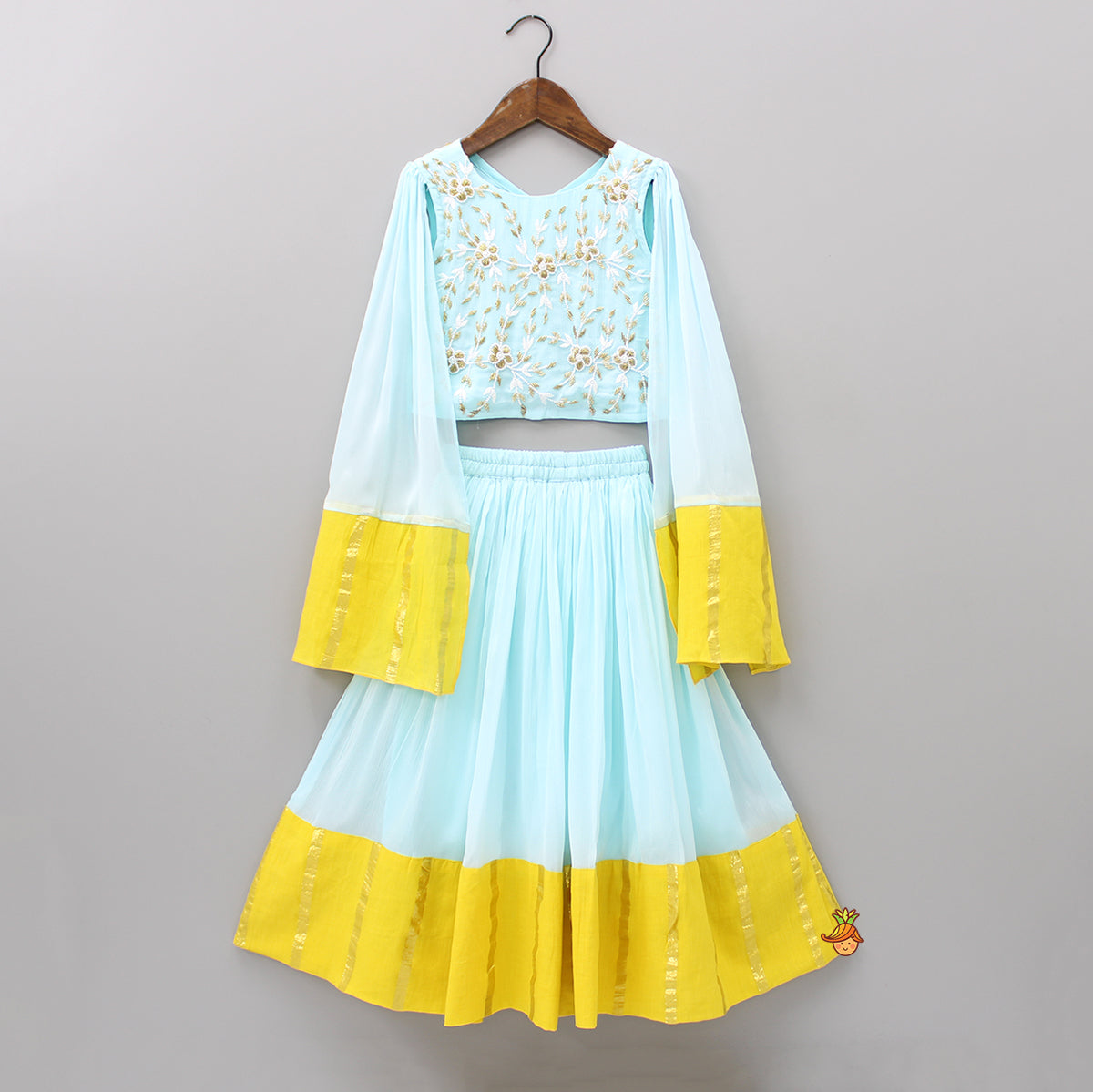 Stylish Flared Sleeves And Zari Floral Embroidered Top With Blue Lehenga