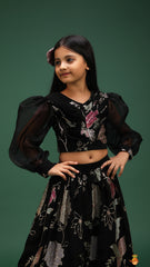 Pre Order: Elegant Sequin Work Black Georgette Top With Multi Colour Floral Thread Embroidered Lehenga