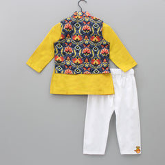 Pre Order: Floral Printed Nehru Jacket With Kurta And Pyjama