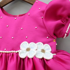 Pre Order: Bead And Sequin Embroidered Floral Patch Work Hot Pink Dress