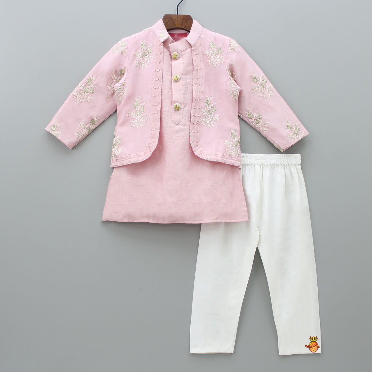 Pre Order: Zari Thread Work Full Sleeves Jacket With Kurta And Pyjama