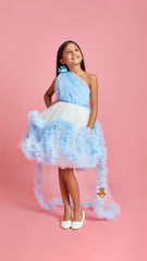 Pre Order: Powder Blue One Shoulder Ruffled Dress With Detachable Drape