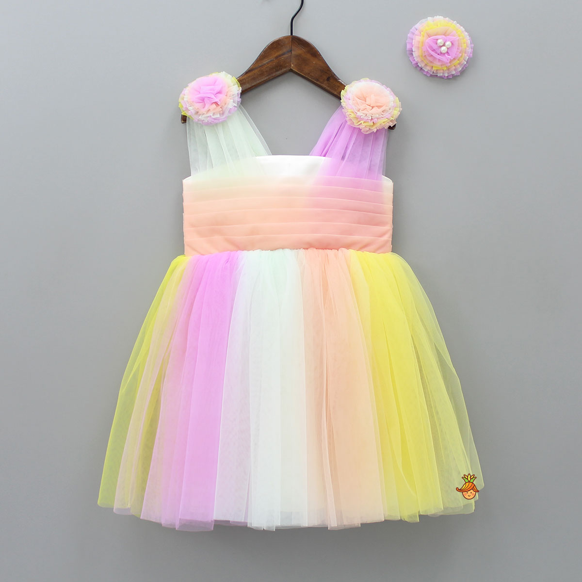 Ruffled Flower Embellished Multi Colour Dress With Matching Hair Clip