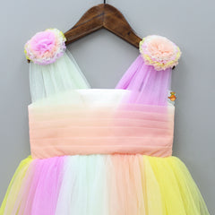 Pre Order: Ruffled Flower Embellished Multi Colour Dress With Matching Hair Clip