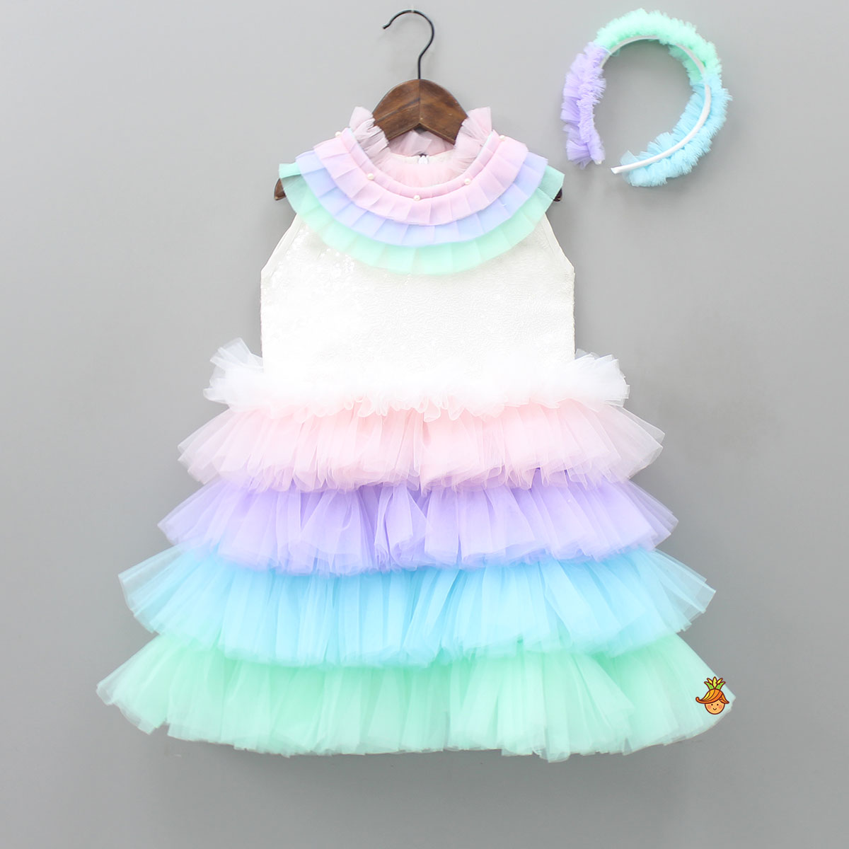 Sequin Embroidered And Multi Colour Frilly Net Dress With Matching Hair Band