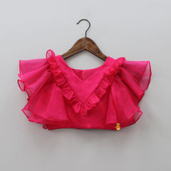 Raspberry Pink Organza Frilly Top With Colourful Shaded Lehenga
