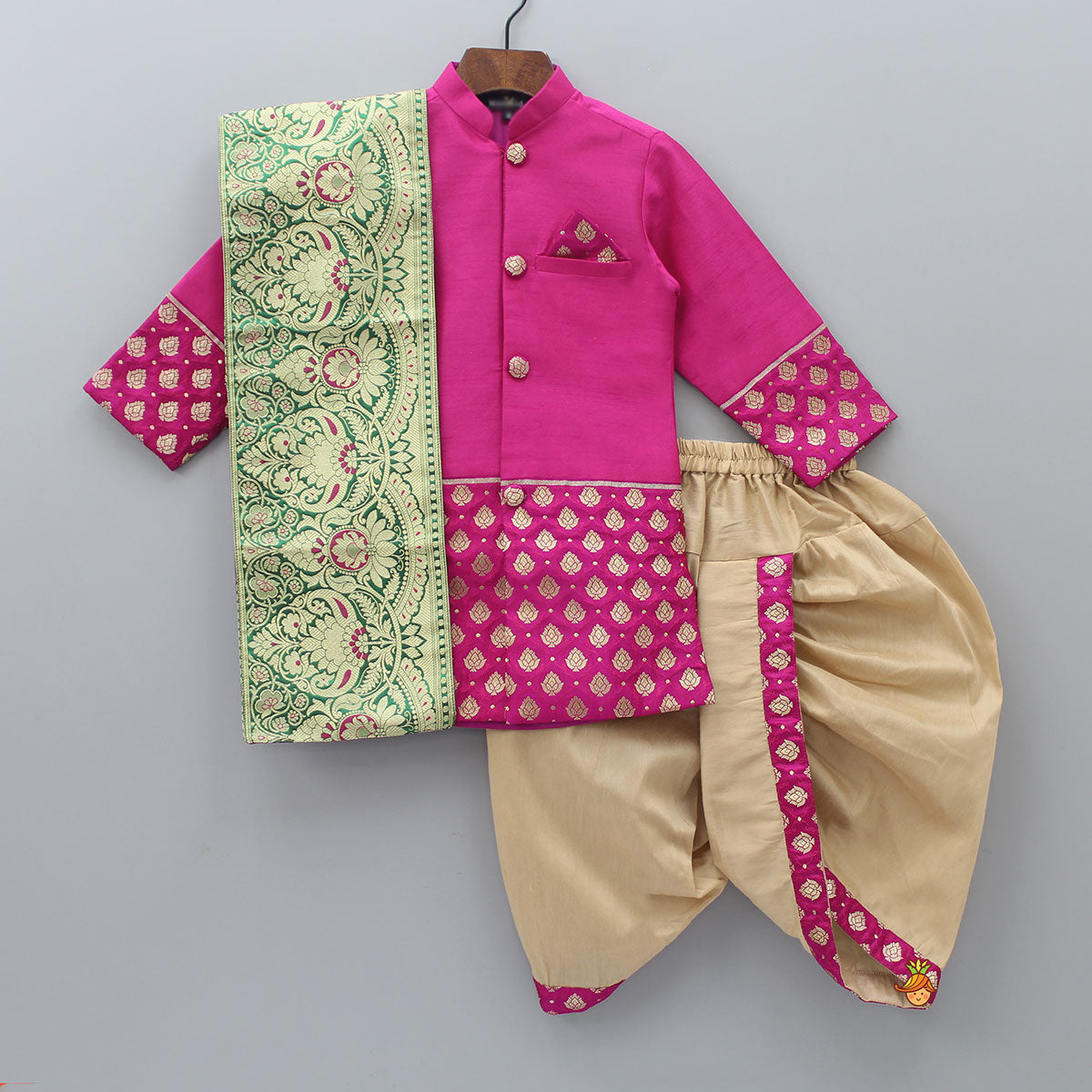 Pre Order: Magenta Pink Sherwani Style Kurta With Dhoti And Brocade Shawl