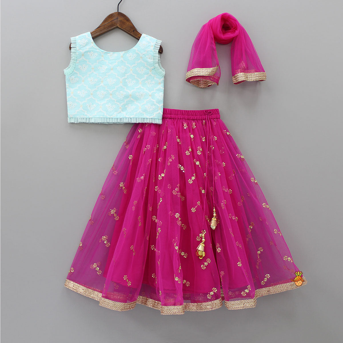 Ethnic Floral Motifs Printed Top And Hot Pink Sequins Lehenga With Dupatta
