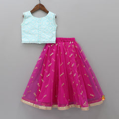 Ethnic Floral Motifs Printed Top And Hot Pink Sequins Lehenga With Dupatta