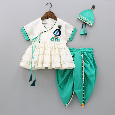 Pre Order: Aqua Green Krishna Embroidered Angarkha Top With Lace Work Dhoti And Mukut