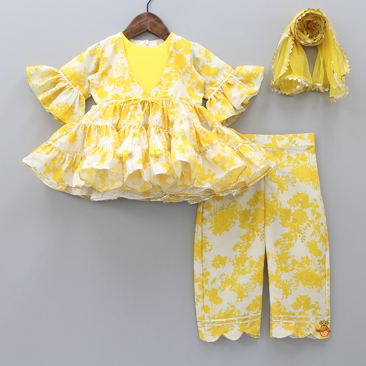 Pre Order: Yellow Peplum Tiered Top With Pant And Dupatta