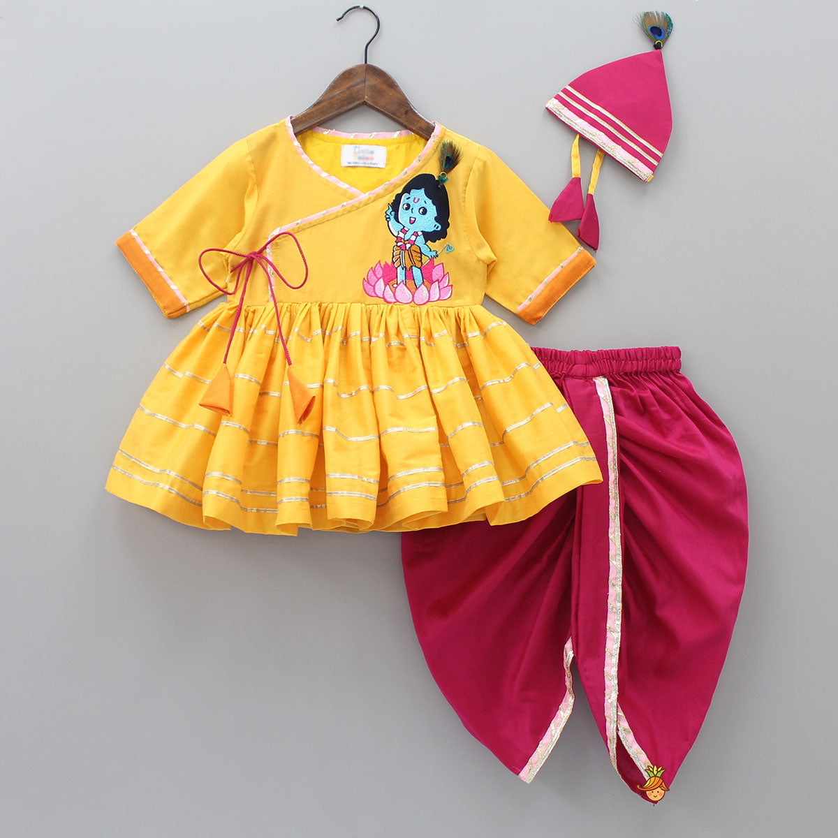 Pre Order: Yellow Krishna Embroidered Angarkha Top With Lace Work Dhoti And Mukut