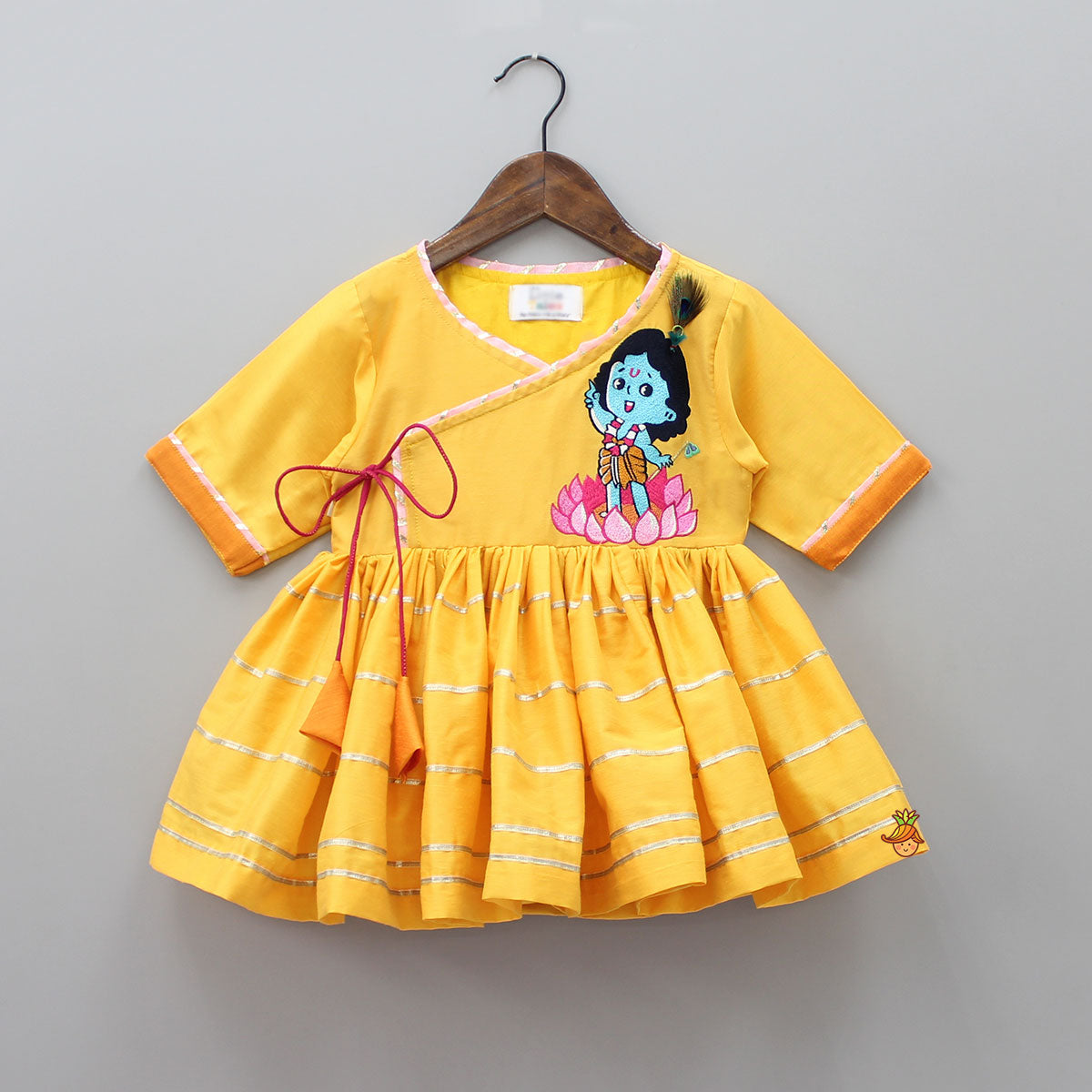Yellow Krishna Embroidered Angarkha Top With Lace Work Dhoti And Mukut