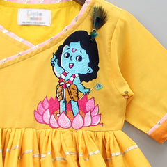 Pre Order: Yellow Krishna Embroidered Angarkha Top With Lace Work Dhoti And Mukut