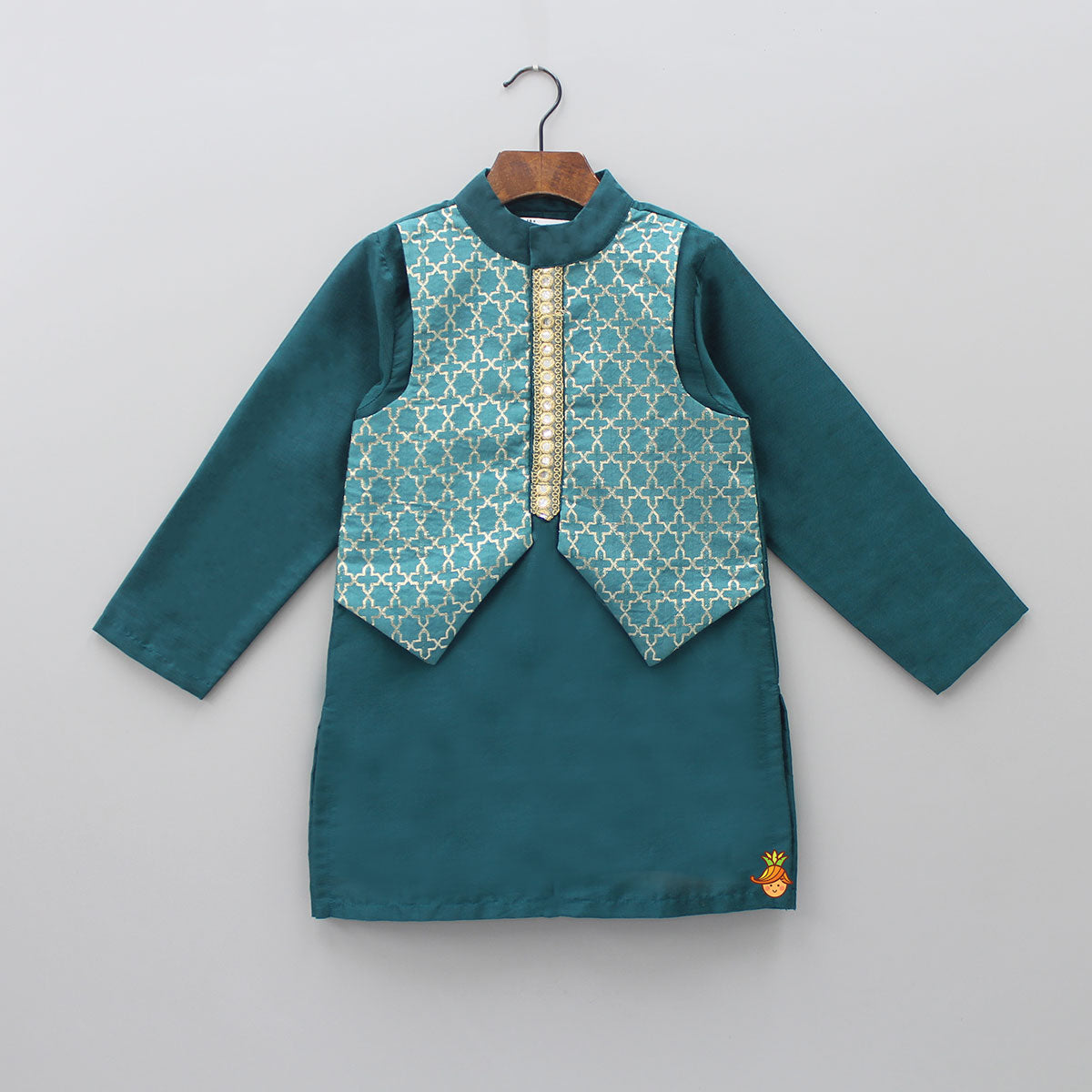 Bottle Green Kurta With Attached Jacket And Pyjama