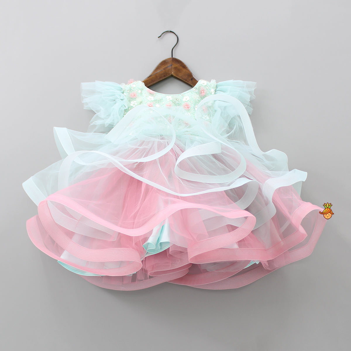 Pre Order: Net Flowers And Sequins Embellished Ruffled Dress