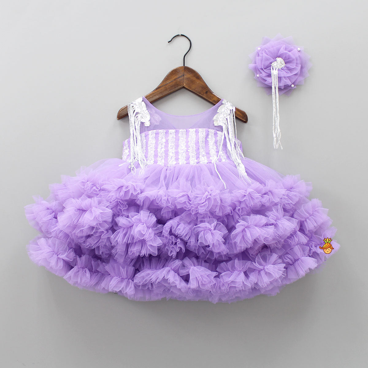 Lavender Ruffle And Sequin Dress With Hair Clip