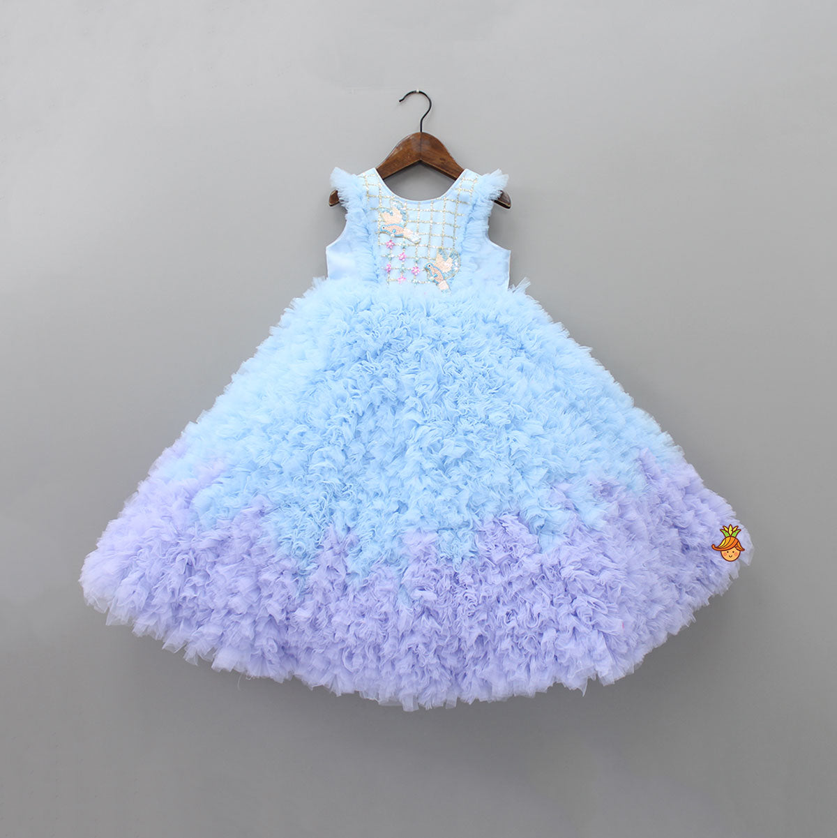 Pre Order: Birds And Flowers Embellished Blue Shaded Ruffled Gown