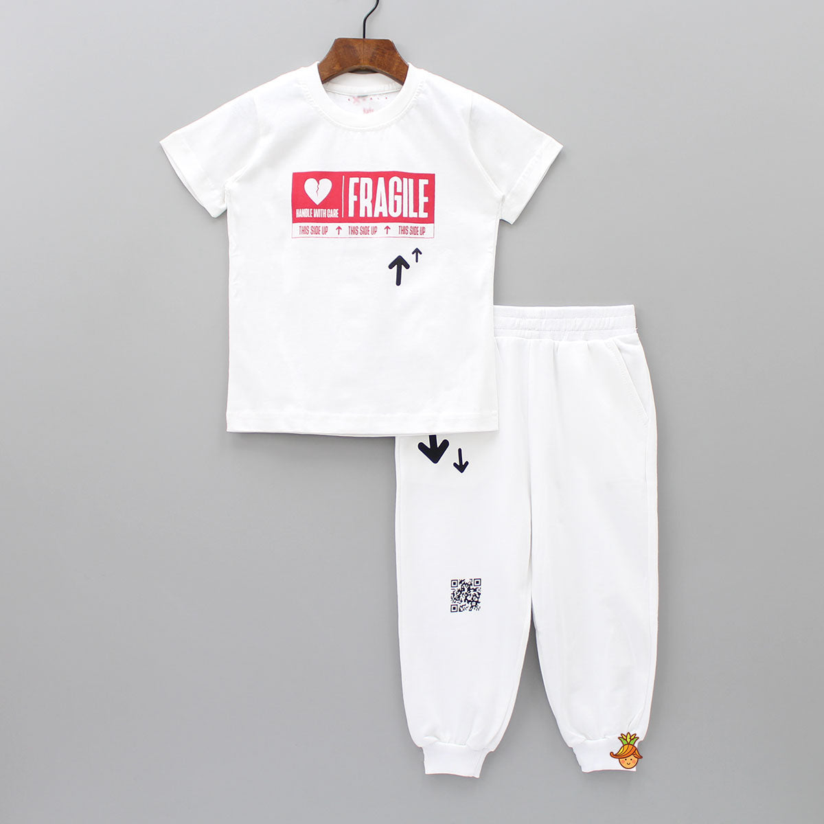 White Fragile Typographic Tee And Barcode Graphic Joggers