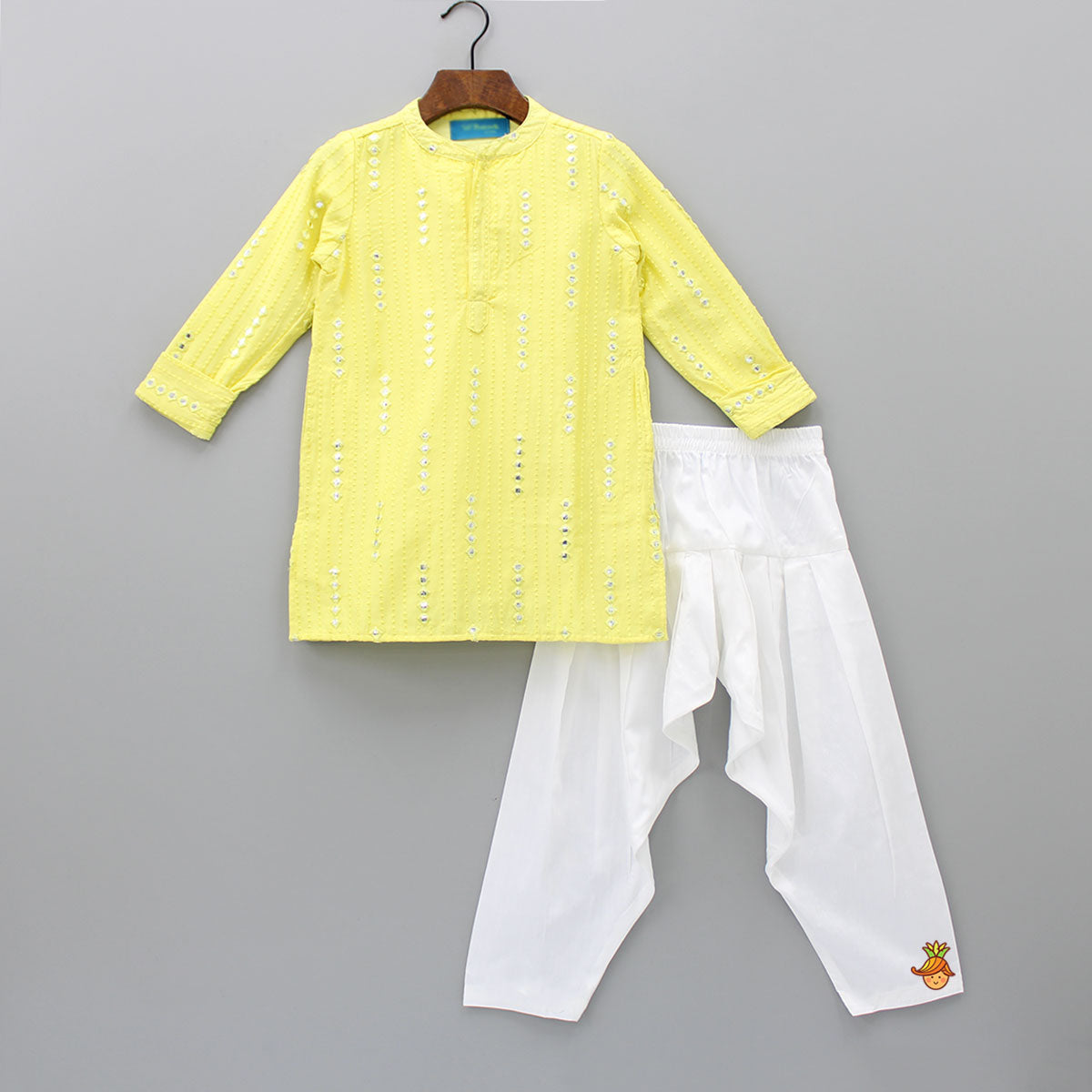 Faux Mirror And Thread Embroidered Yellow Kurta With Salwar