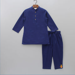 Ethnic Navy Blue Kurta With Floral Printed Jacket And Pyjama