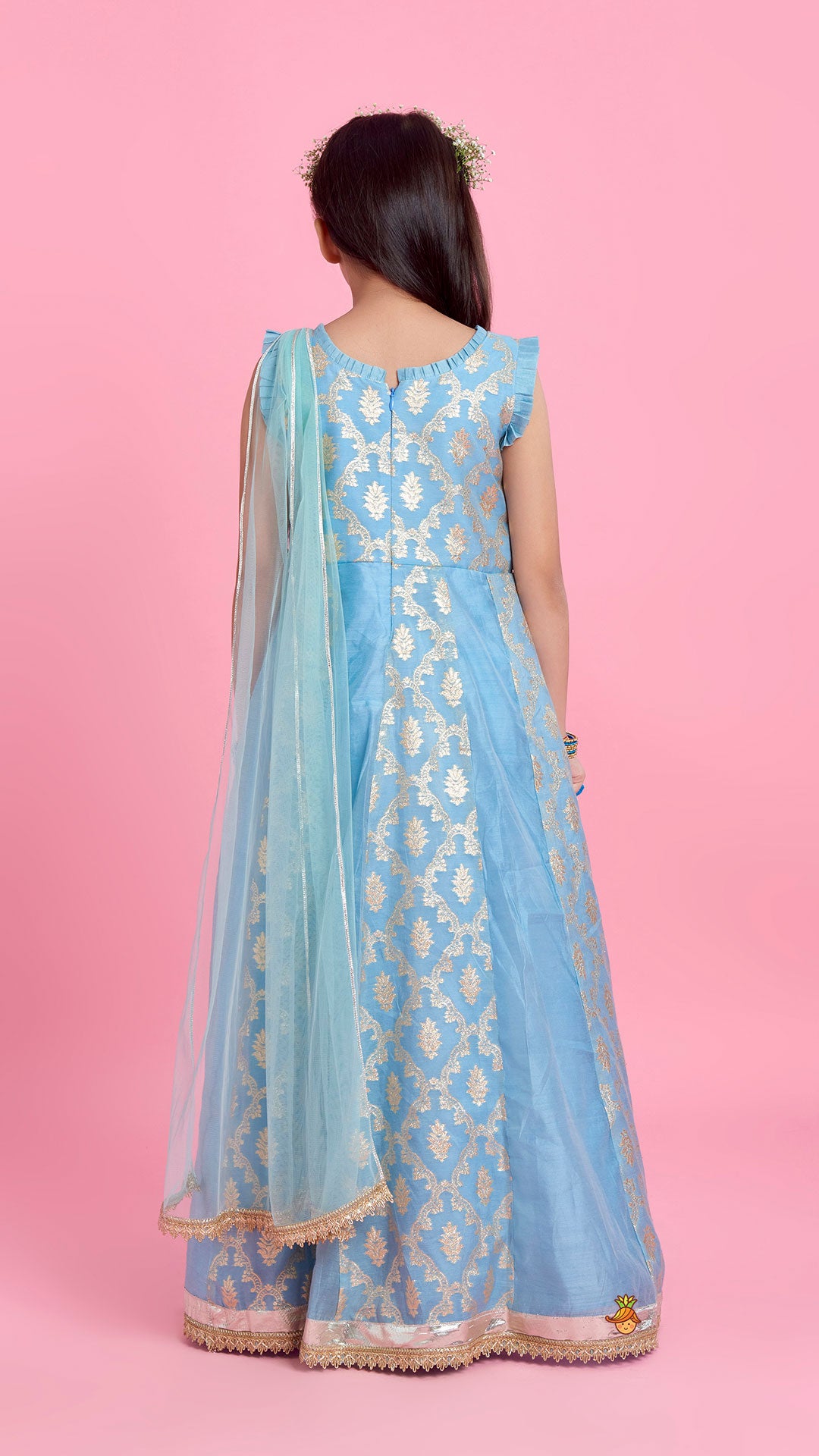 Zari Brocade Embroidered Lace Work Dress With Attached Drape Dupatta