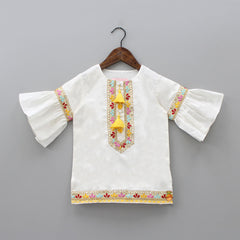 Pre Order: Faux Mirror And Thread Embroidered Off White Kurti With Sharara And Potli Sling Bag