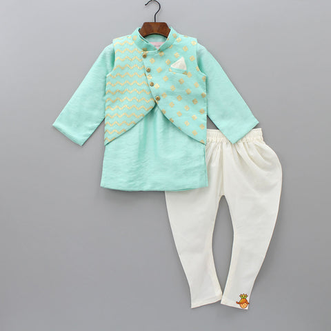 Pre Order: Zari Thread Embroidered Stylish Jacket With Kurta And Churidar