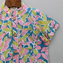Pre Order: Tropical Leaves Printed Teal Blue Shirt