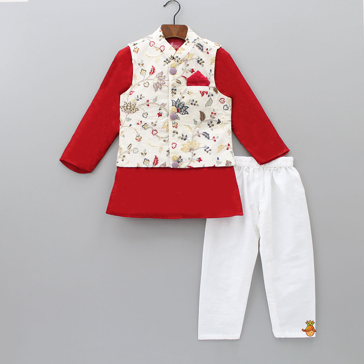 Pre Order: Red Kurta With Off White Floral And Sequins Embroidered Jacket And Pyjama