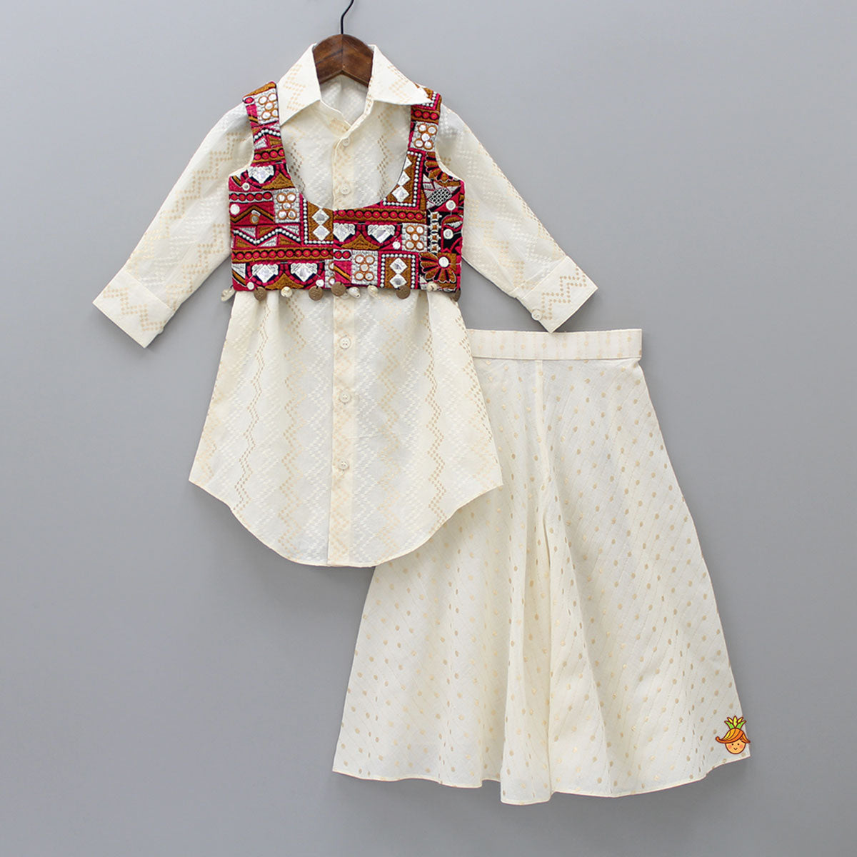 Thread Work Textured Shirt Style Kurti With Colurful Embroidered Crop Top And Flared Palazzo
