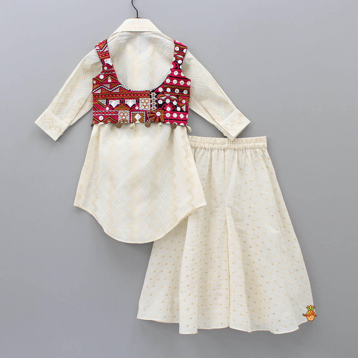Thread Work Textured Shirt Style Kurti With Colurful Embroidered Crop Top And Flared Palazzo