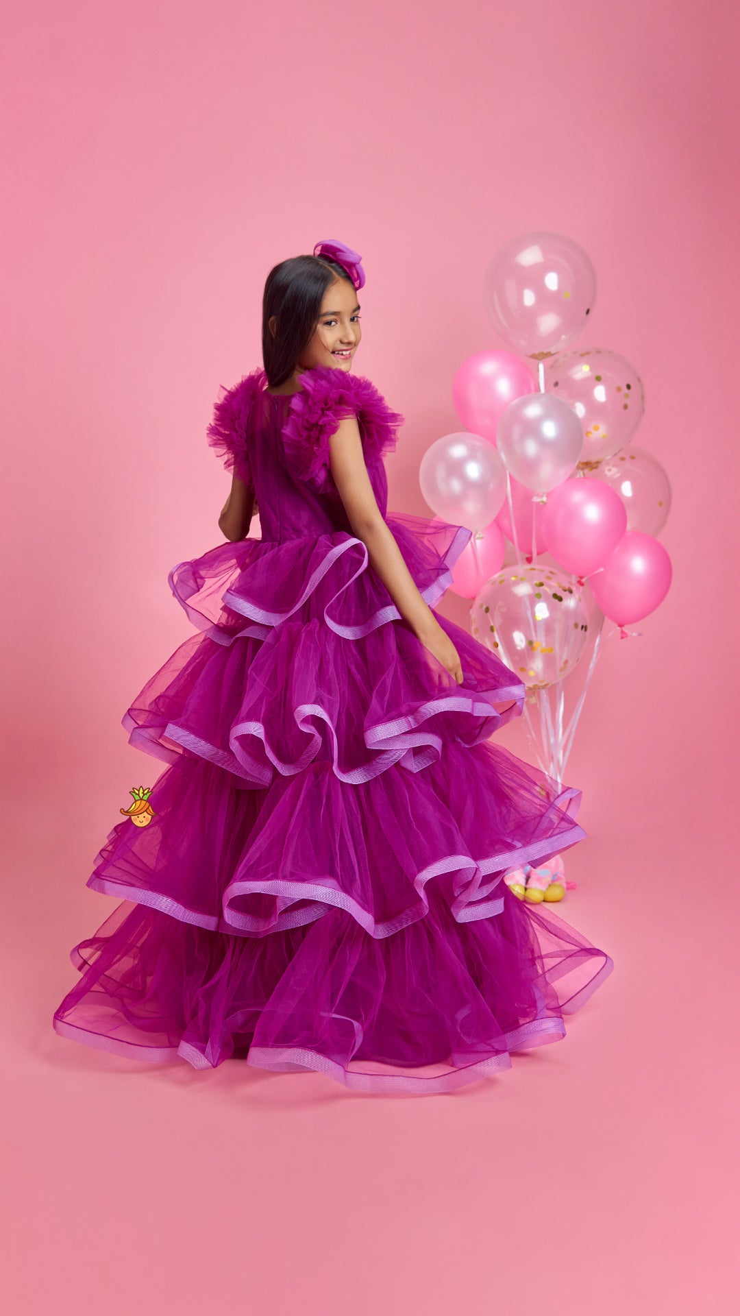 Pretty Purple Ruffled Layered Gown With Matching Hair Clip