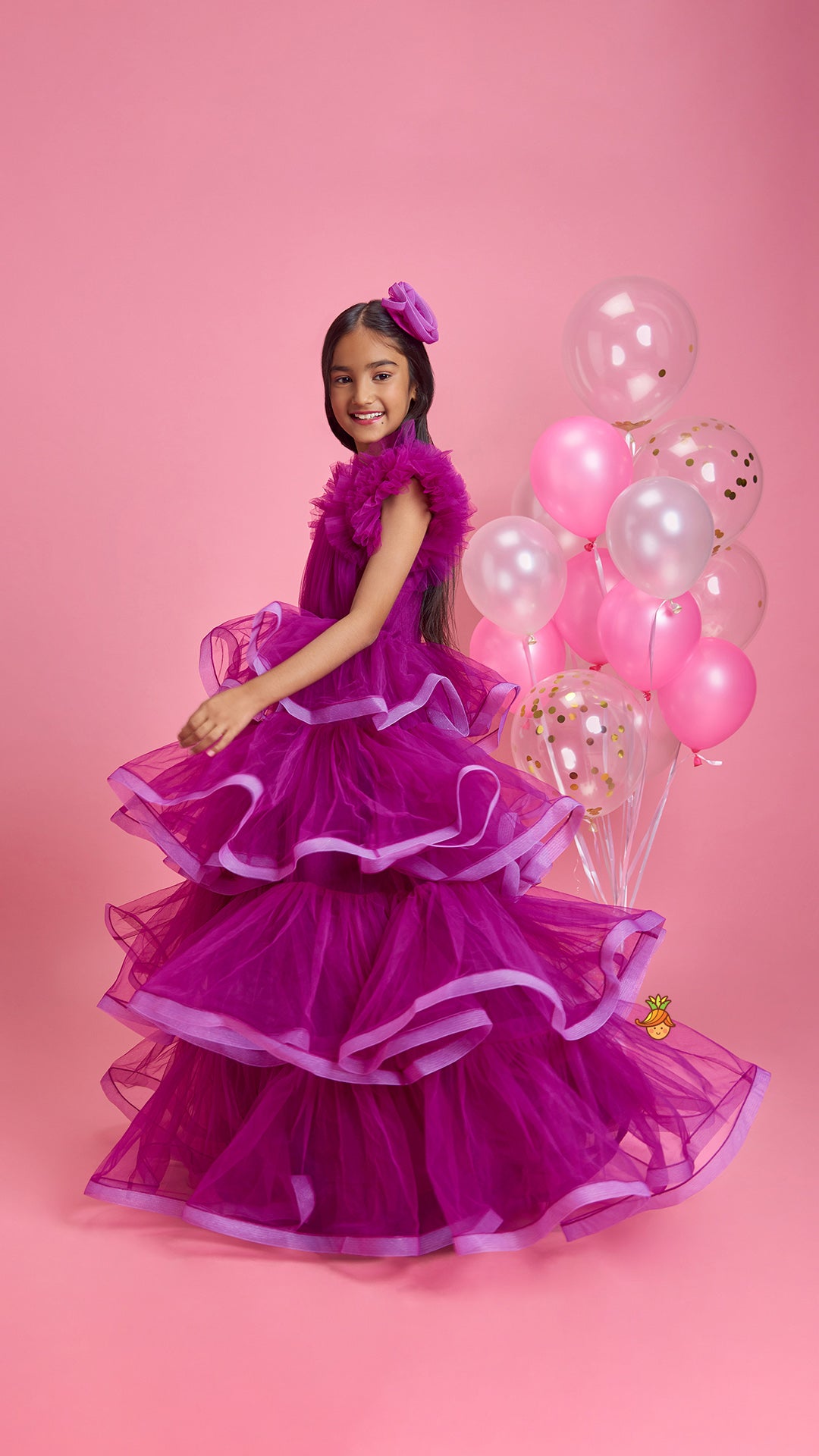 Pretty Purple Ruffled Layered Gown With Matching Hair Clip