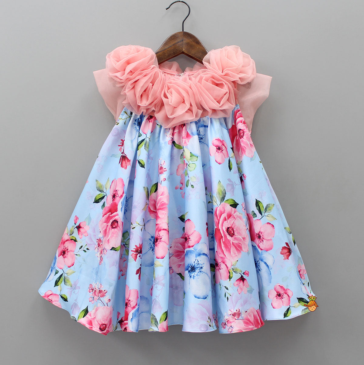 Blue And Pink Floral Printed Rose Flowers Adorned Dress