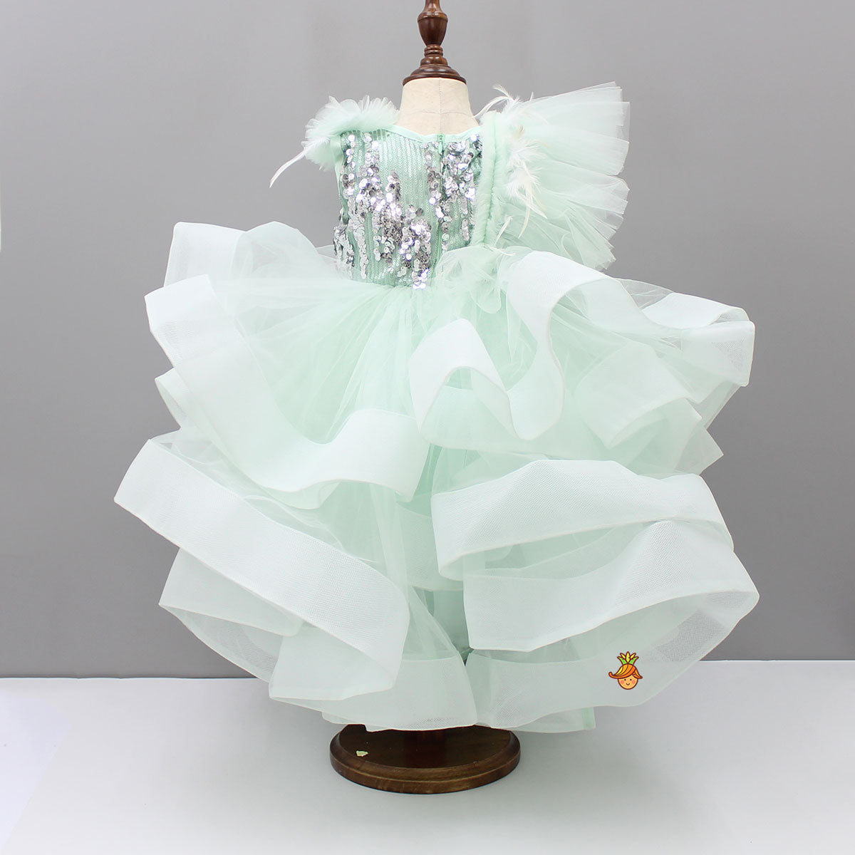Sequins Embellished Light Pastel Green Ruffled Gown