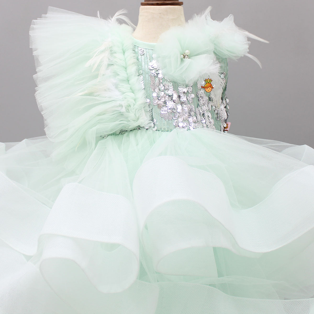 Sequins Embellished Light Pastel Green Ruffled Gown