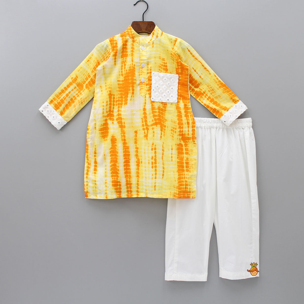 Pre Order: Faux Mirror Detailed Shibori Yellow Shaded Kurta And Pyjama