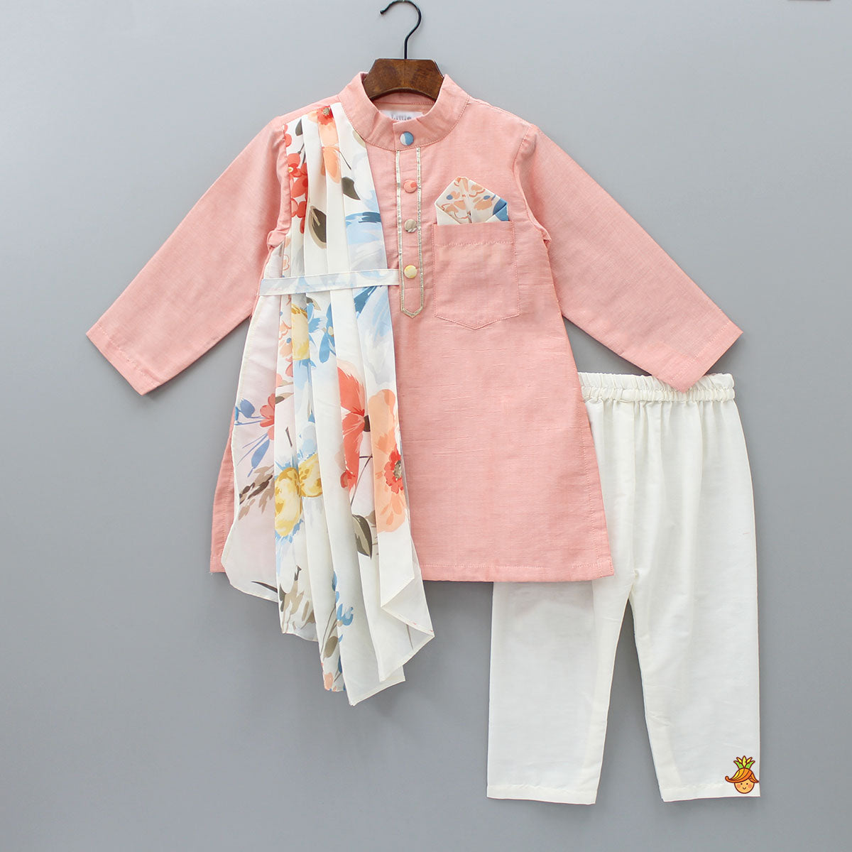 Pre Order: Peach Kurta With Attached Floral Printed Asymmetric Flap And Pyjama