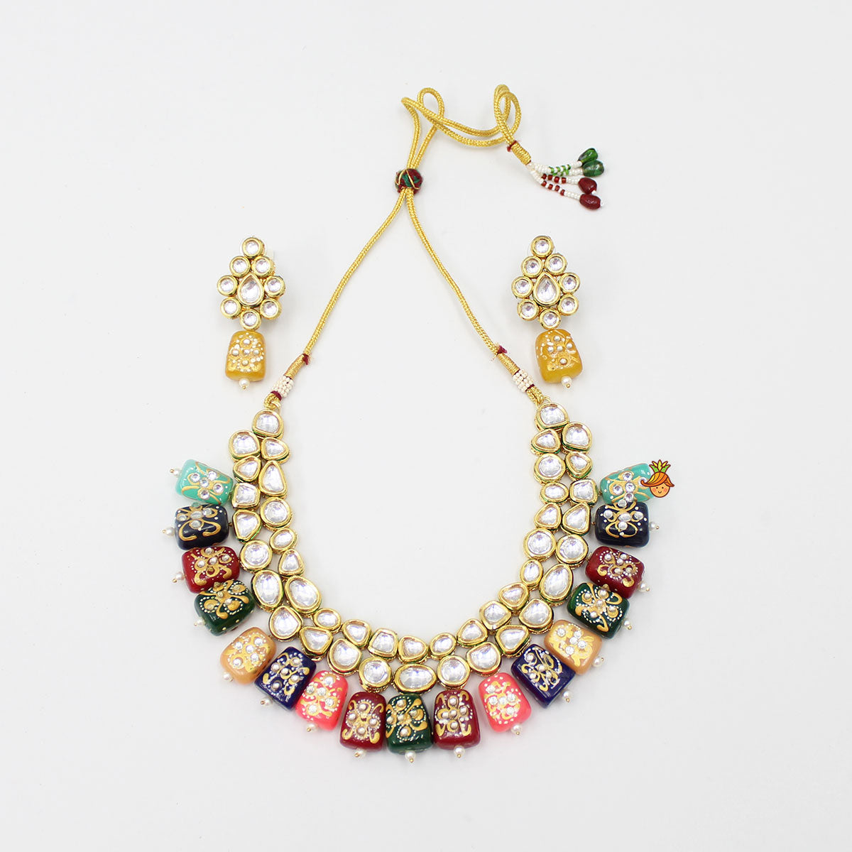 Decorative Multicolour Stones Embellished Necklace With Earrings