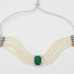 Pearls And Green Stone Studded Choker Necklace And Earrings