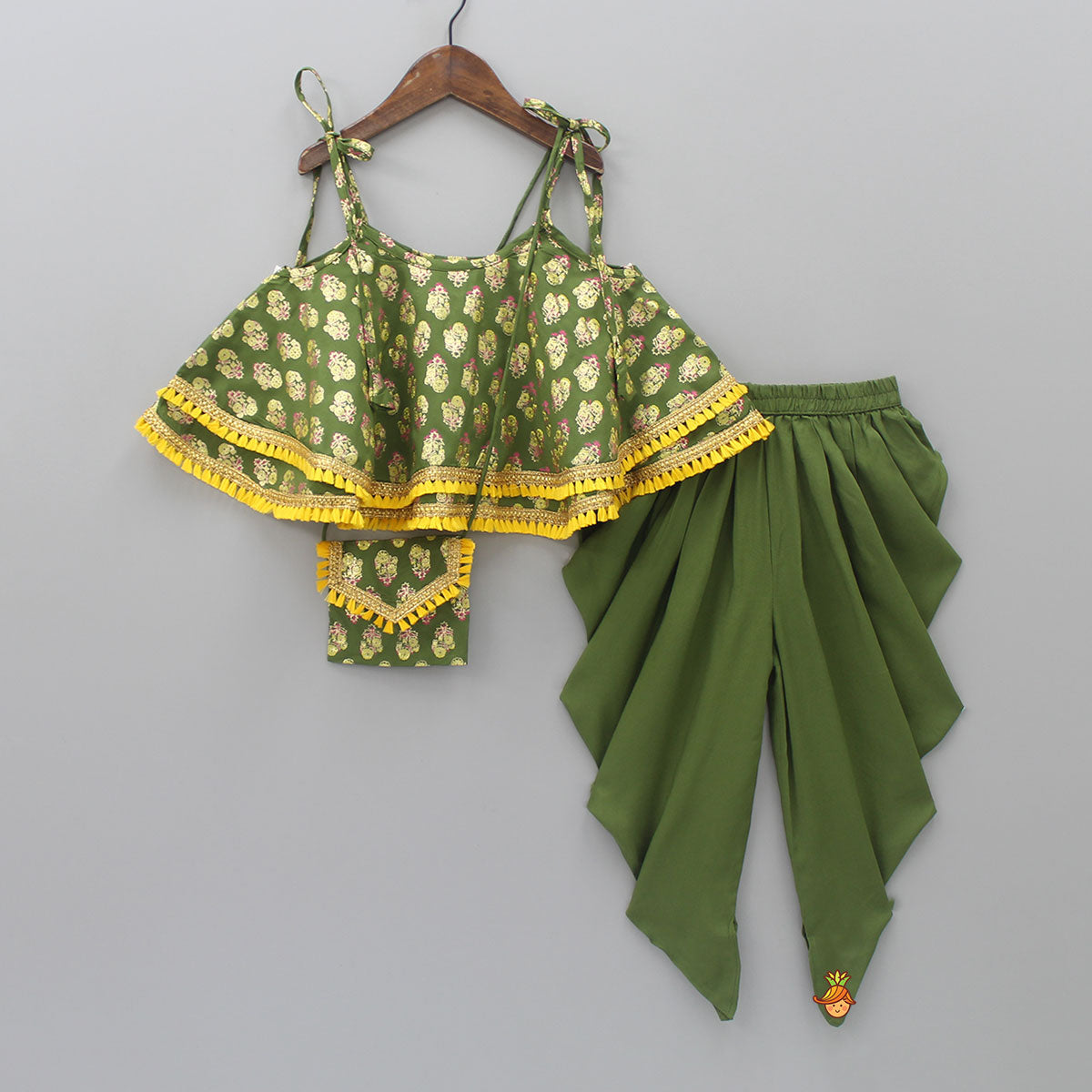 Olive Green Foil And Floral Printed Lace Work Top And Dhoti With Matching Sling Bag