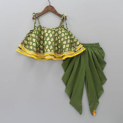 Olive Green Foil And Floral Printed Lace Work Top And Dhoti With Matching Sling Bag