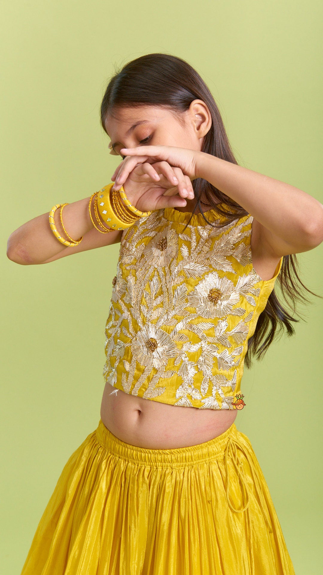 Pre Order: Sequins And Gota Lace Detailed Yellow Top And Lehenga