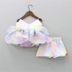 Pre Order: Rainbow Shaded Organza Fancy Top And Shorts