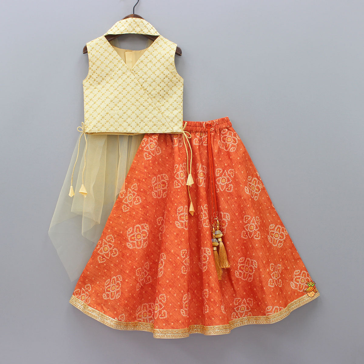 Sequins And Zari Thread Embroidered Top With Asymmetric Cape And Bandhani Printed Lehenga