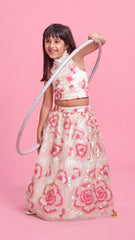 Pre Order: Sequins Floral Embroidered Off White Top And Lehenga With Sling Bag